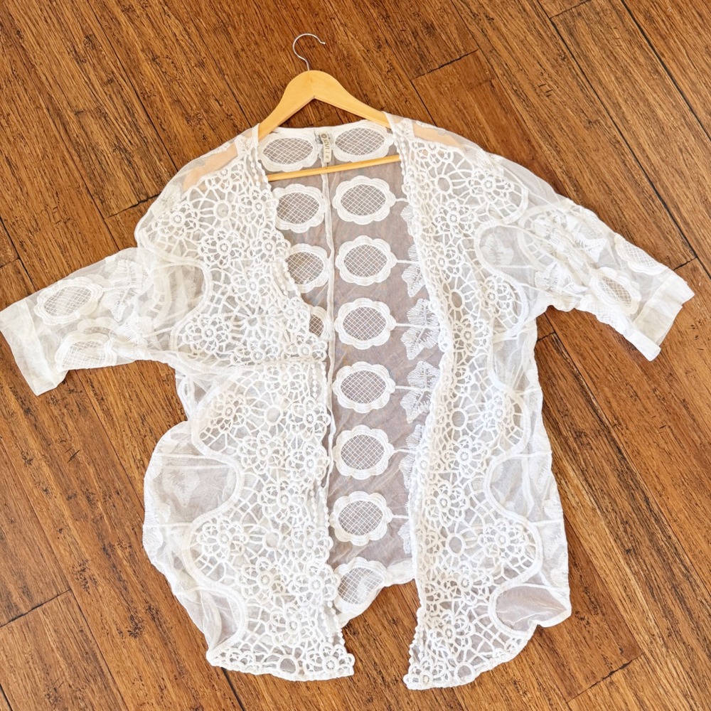 XCVI White Lace Kimono Cover Up Open Front Mesh Floral Embroidery XL‎ Beach Swim